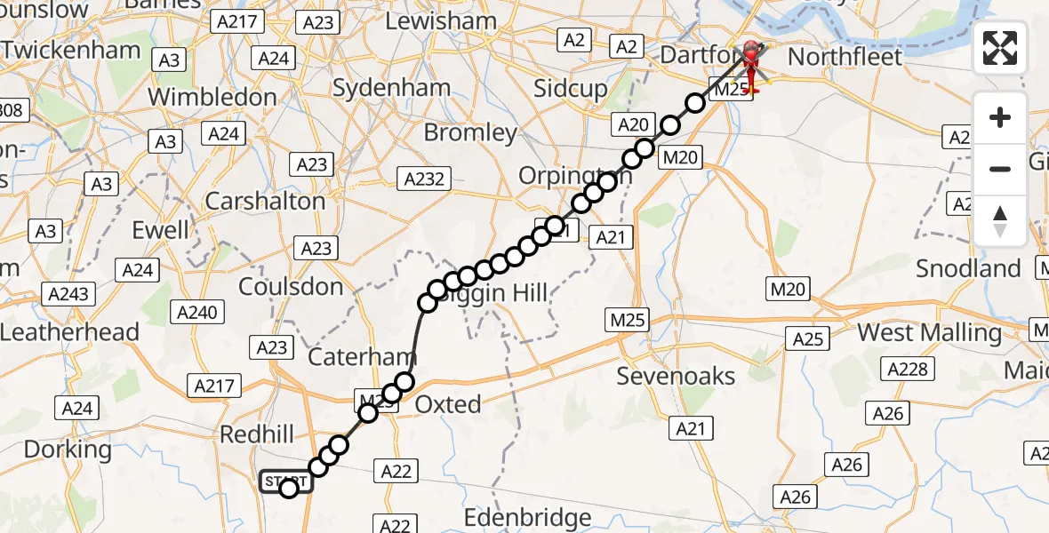 Flight route Air Ambulance Helicopter Redhill Aerodrome - Dartford, 22 July 2026, 10:36