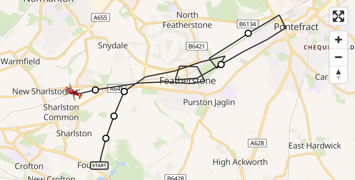 Flight route Air Ambulance Helicopter YAA Nostell Helicopter Port - Sharlston, 22 July 2026, 11:01