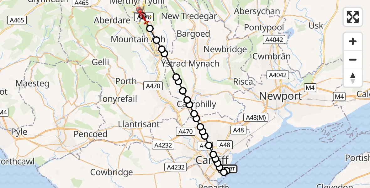 Flight route Air Ambulance Helicopter Cardiff Heliport - Abercanaid, 22 July 2026, 11:05