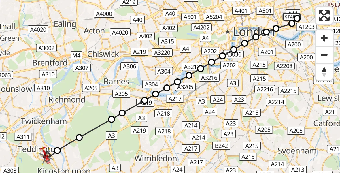 Flight route Air Ambulance Helicopter Royal London Hospital - Teddington, 22 July 2026, 11:06