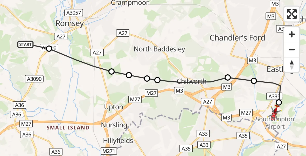 Flight route Air Ambulance Helicopter Wellow - Southampton Airport, 22 July 2026, 11:07