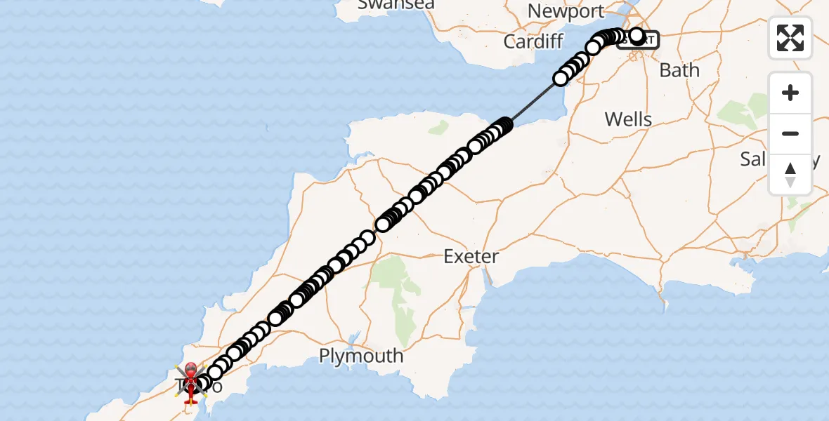 Flight route Air Ambulance Helicopter Southmead Hospital - Treliske Hospital, 22 July 2026, 11:16