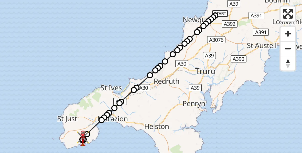 Flight route Air Ambulance Helicopter Cornwall Airport Newquay - St. Buryan, 22 July 2026, 11:30
