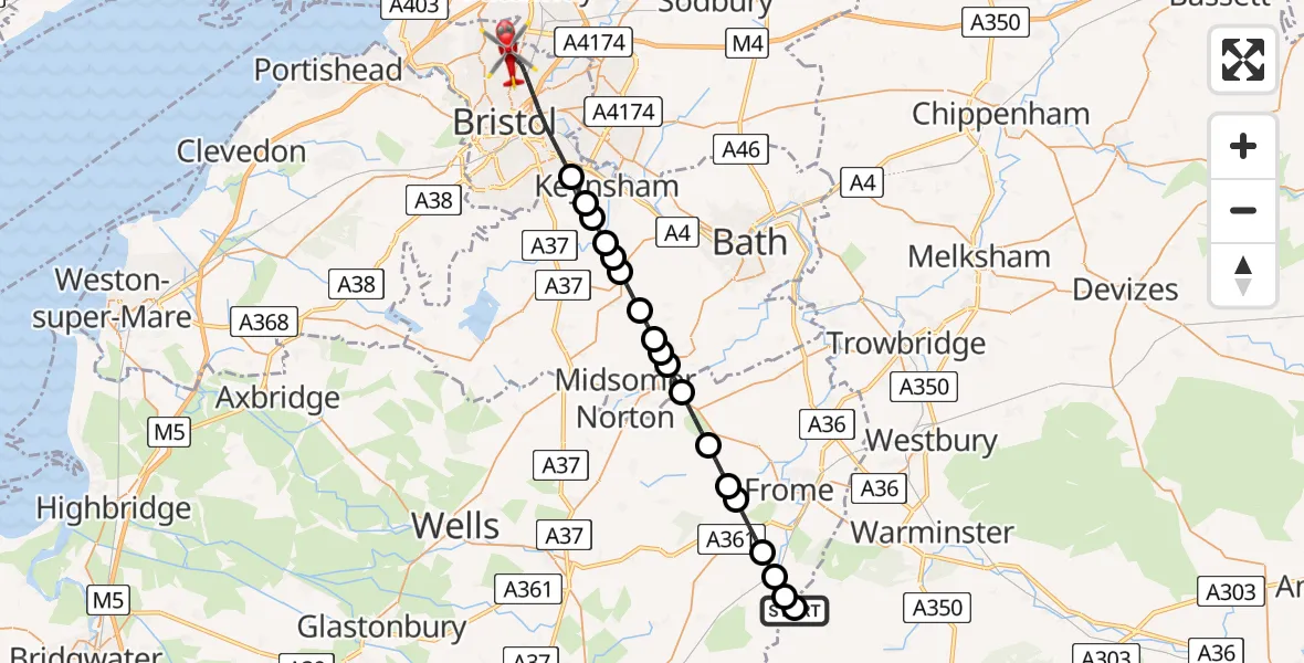 Flight route Air Ambulance Helicopter Witham Friary - Bristol, 22 July 2026, 11:34