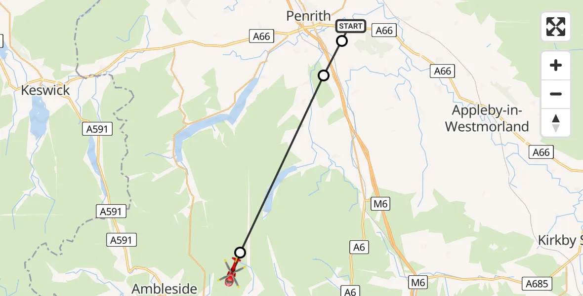 Flight route Air Ambulance Helicopter Brougham - Kentmere, 22 July 2026, 11:40