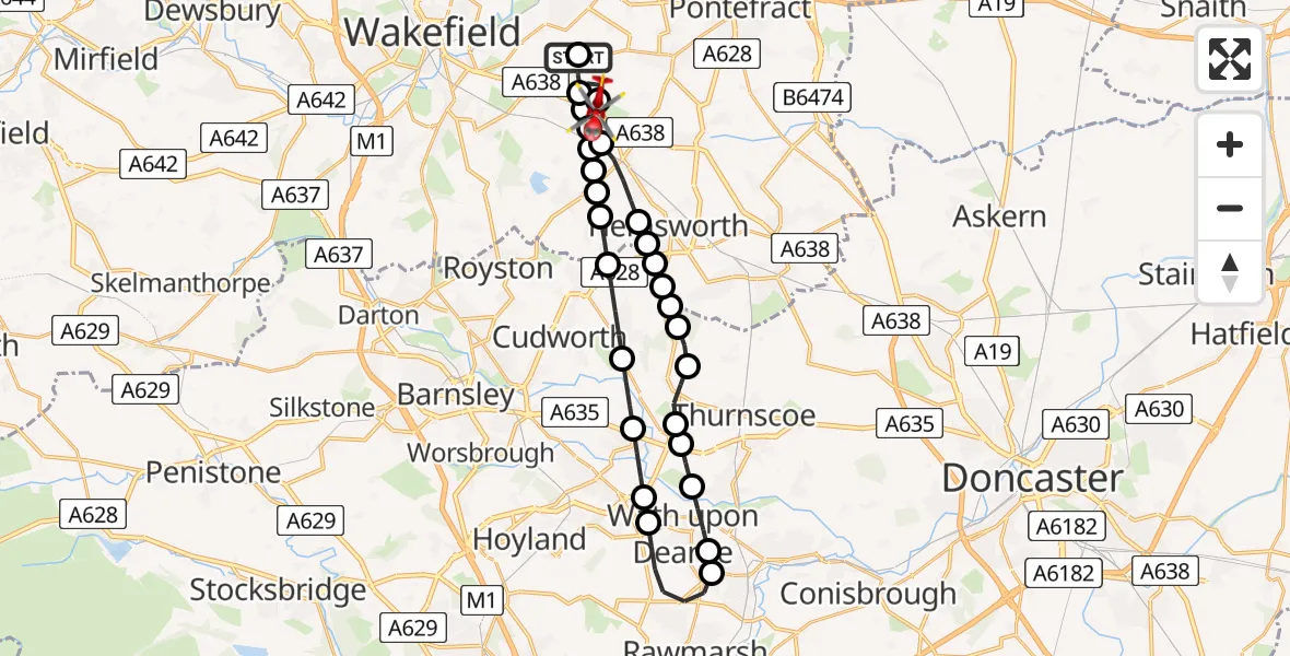 Flight route Air Ambulance Helicopter Sharlston - YAA Nostell Helicopter Port, 22 July 2026, 11:42