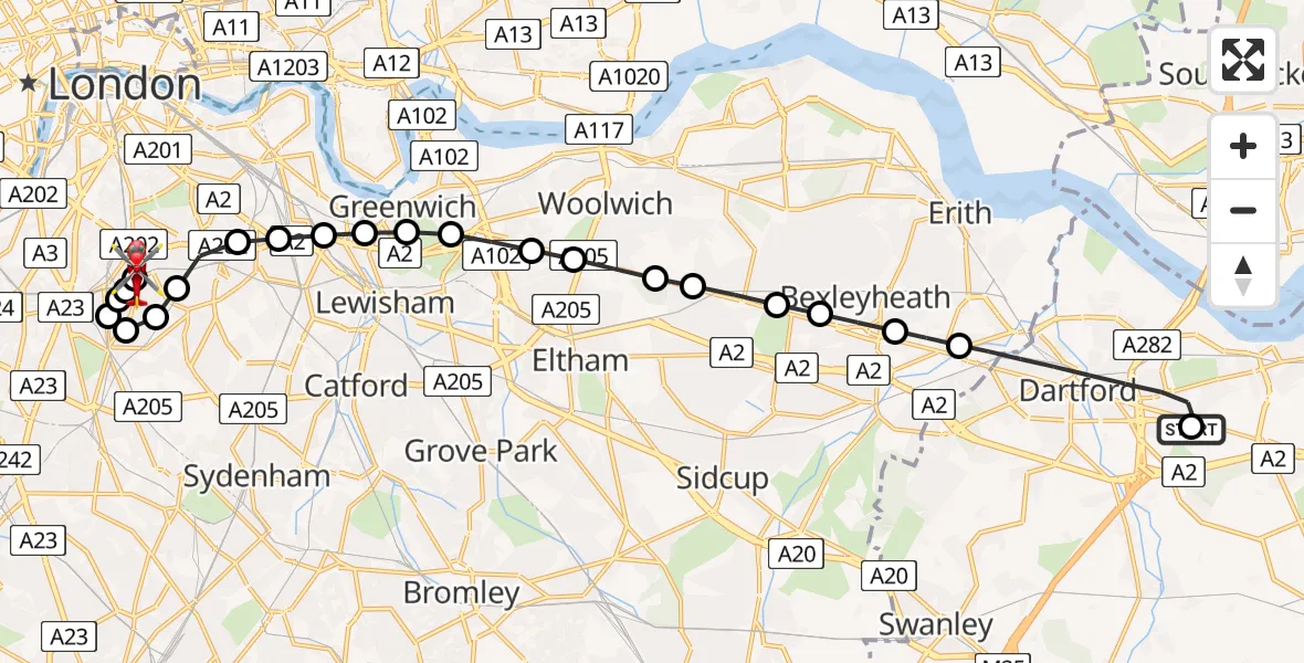 Flight route Air Ambulance Helicopter Darent Valley Hospital - Kings College London Hospital, 22 July 2026, 11:43