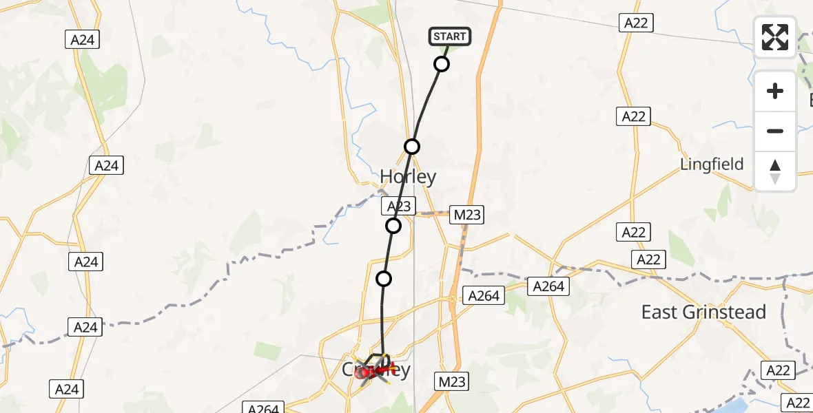 Flight route Air Ambulance Helicopter Redhill Aerodrome - Crawley, 22 July 2026, 11:48