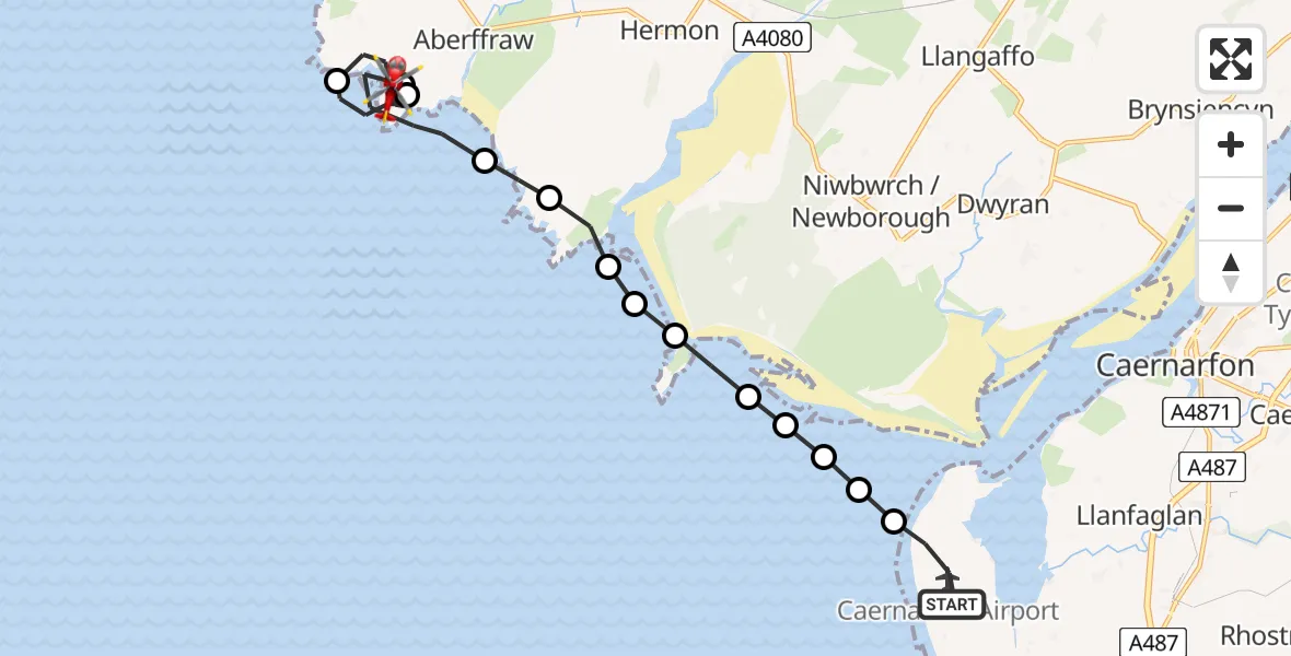 Flight route Air Ambulance Helicopter Caernarfon Airport - Aberffraw, 22 July 2026, 11:53