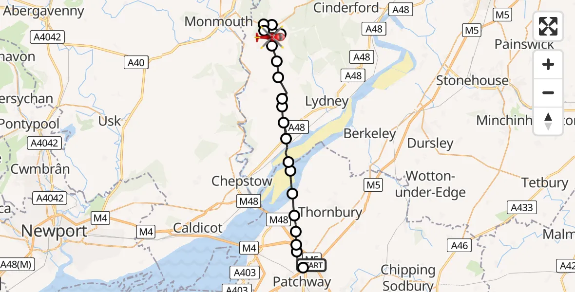 Flight route Air Ambulance Helicopter Almondsbury Helicopter Base - Whitecliff, 22 July 2026, 12:02