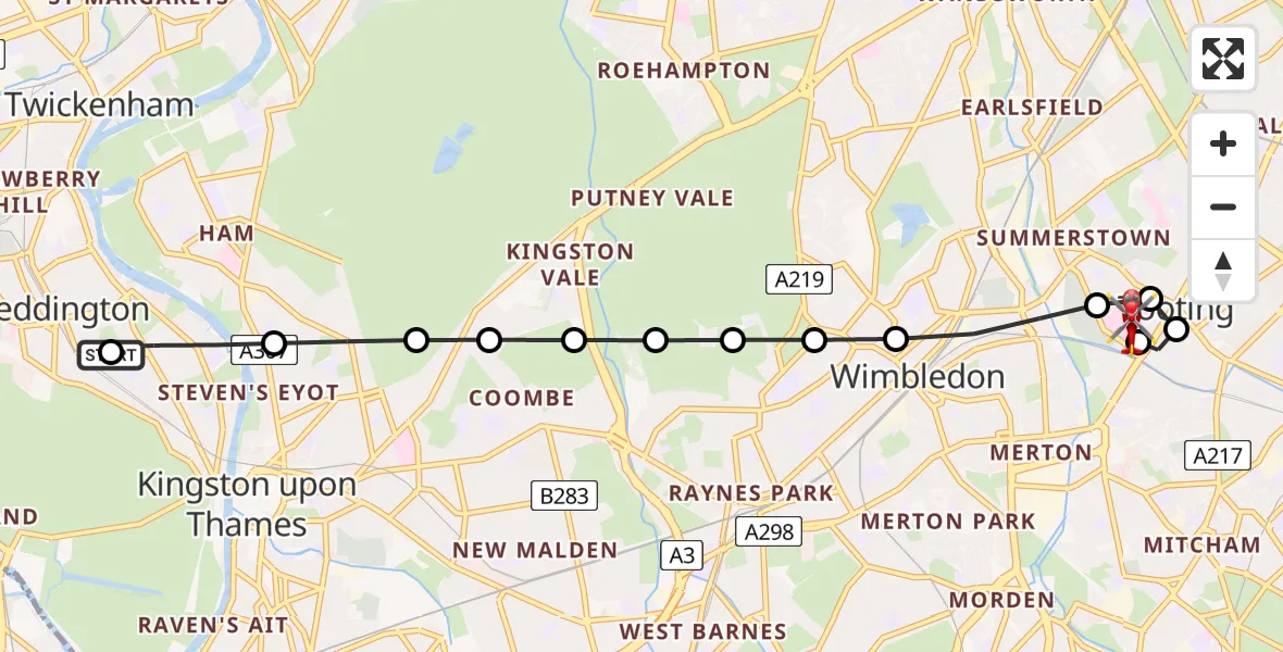 Flight route Air Ambulance Helicopter Hampton Wick - St Georges Hospital, 22 July 2026, 12:19