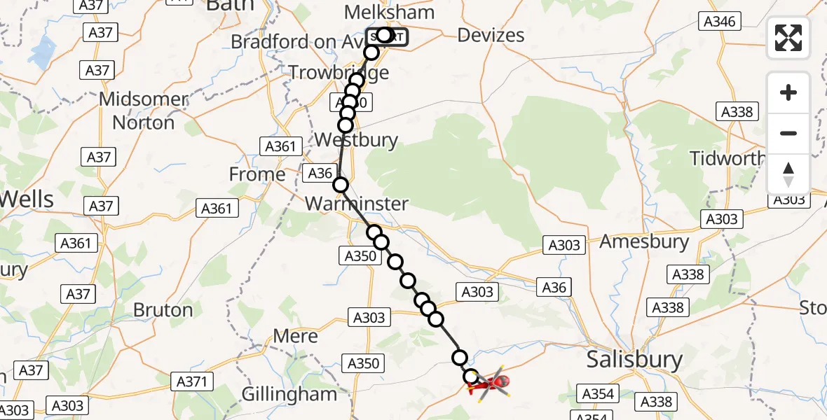 Flight route Air Ambulance Helicopter Wiltshire Air Ambulance - Ansty, 22 July 2026, 12:25