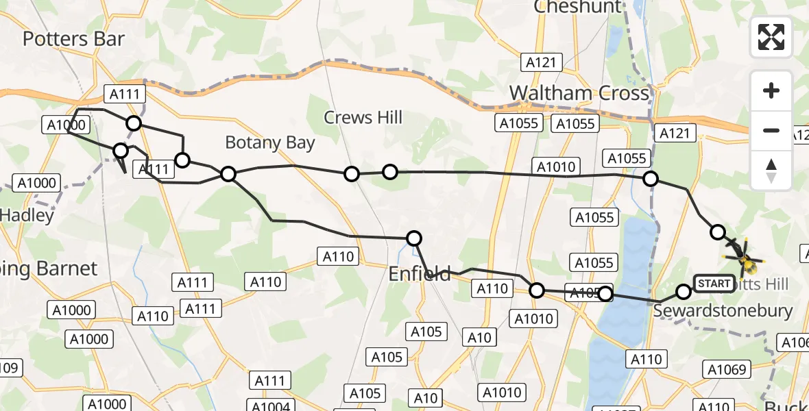 Flight route Police Helicopter Sewardstonebury - Sewardstonebury, 22 July 2026, 12:26