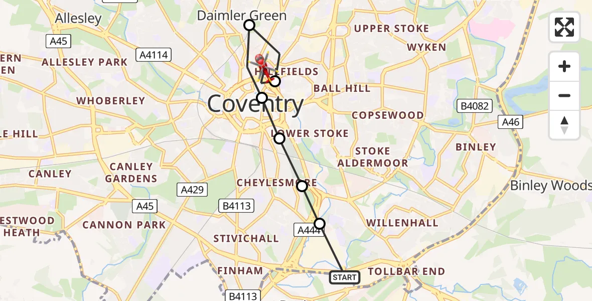 Flight route Air Ambulance Helicopter Coventry Airport - Hillfields, 22 July 2026, 12:27