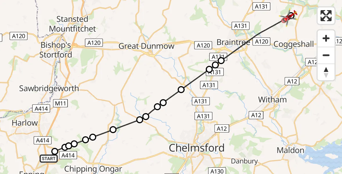 Flight route Air Ambulance Helicopter North Weald Airfield - Earls Colne Airfield, 22 July 2026, 12:31