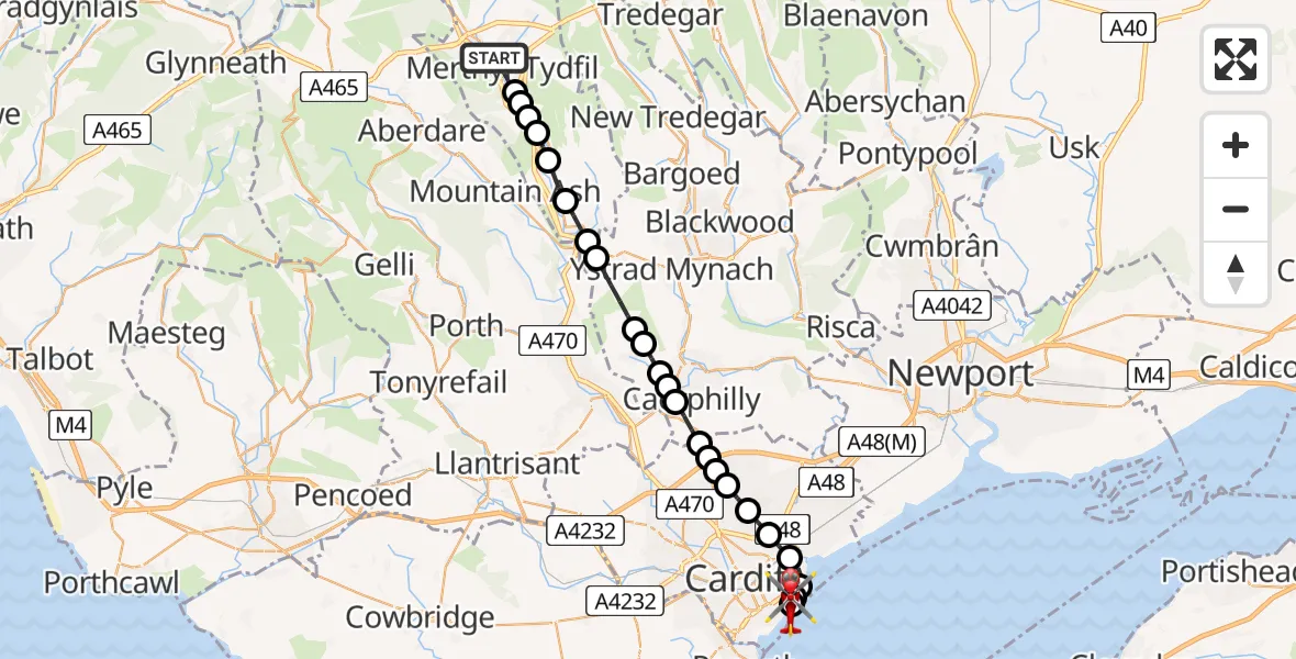 Flight route Air Ambulance Helicopter Merthyr Tydfil - Cardiff Heliport, 22 July 2026, 12:31
