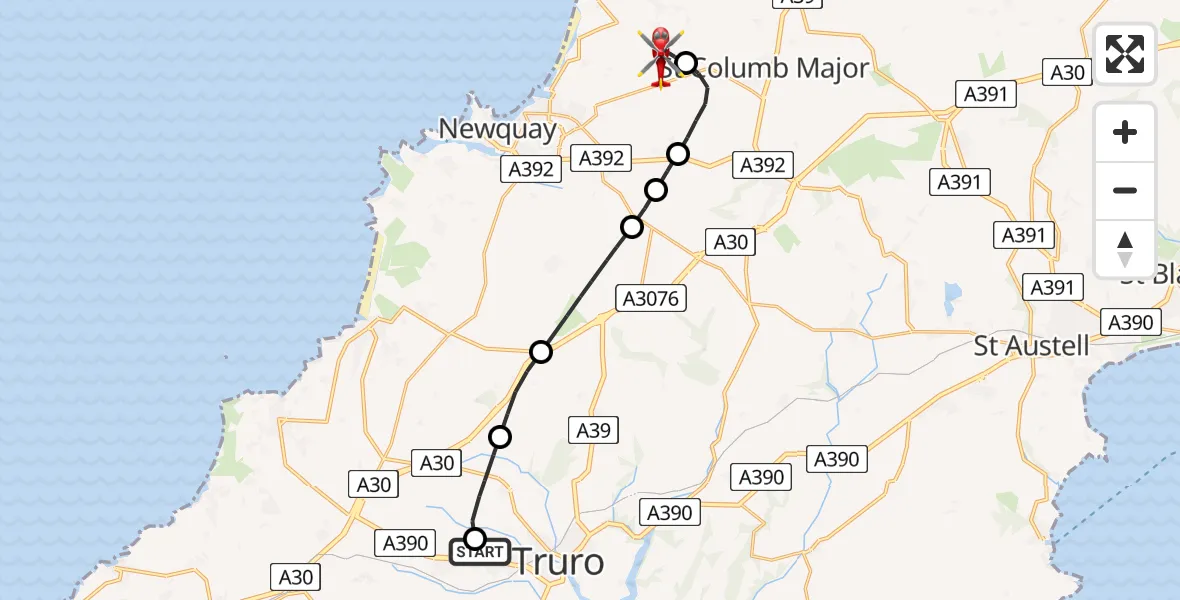 Flight route Air Ambulance Helicopter Treliske Hospital - Cornwall Airport Newquay, 22 July 2026, 12:32
