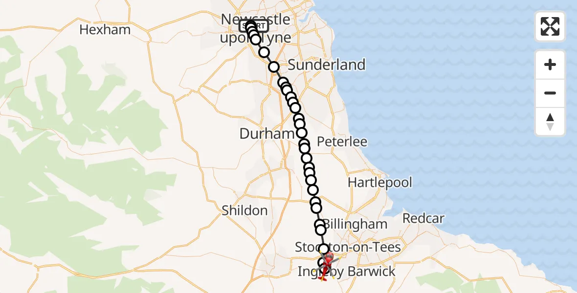 Flight route Air Ambulance Helicopter Newcastle Royal Victoria Infirmary - Egglescliffe, 22 July 2026, 12:35