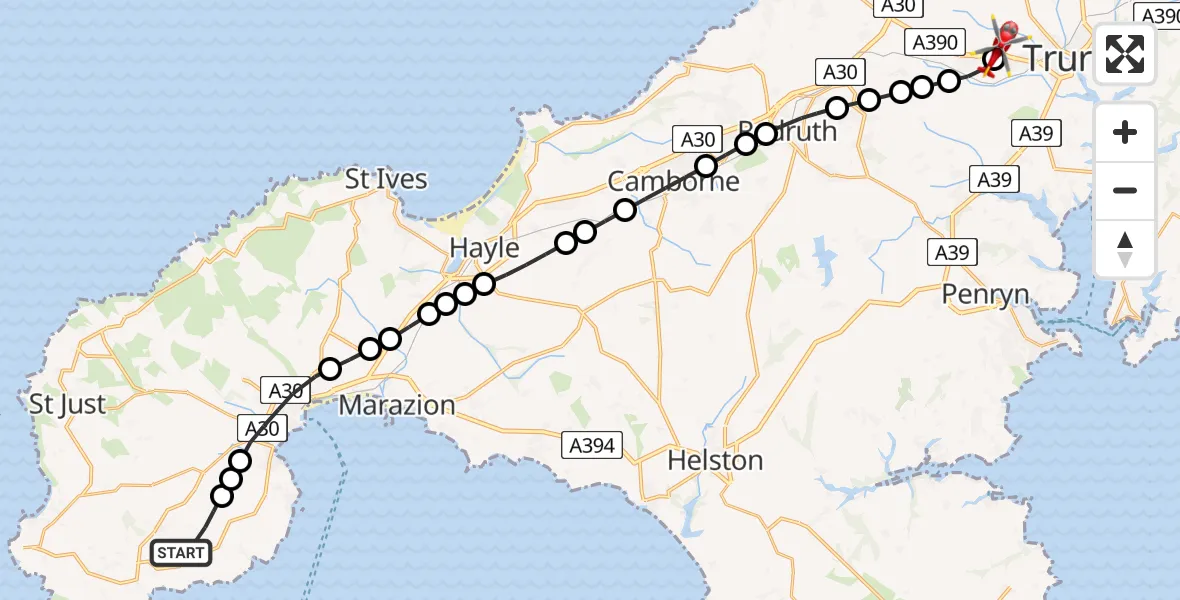 Flight route Air Ambulance Helicopter St. Buryan - Treliske Hospital, 22 July 2026, 12:36