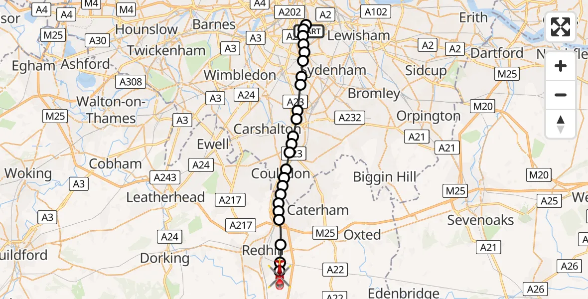 Flight route Air Ambulance Helicopter Kings College London Hospital - Redhill Aerodrome, 22 July 2026, 12:37