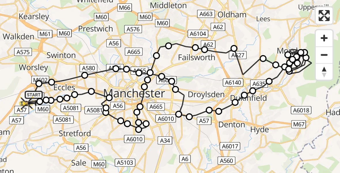 Flight route Police Helicopter Worsley - Manchester Barton Aerodrome, 22 July 2026, 12:38