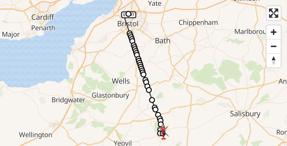 Flight route Air Ambulance Helicopter Southmead Hospital - Henstridge Airfield, 22 July 2026, 12:38