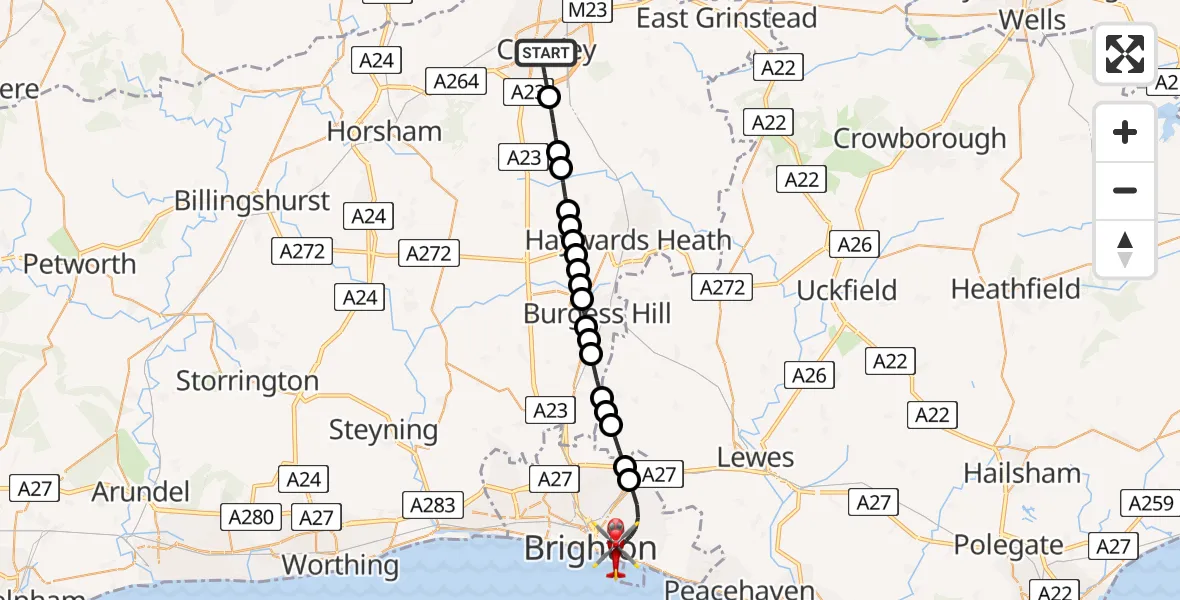 Flight route Air Ambulance Helicopter Crawley - Brighton, 22 July 2026, 12:41