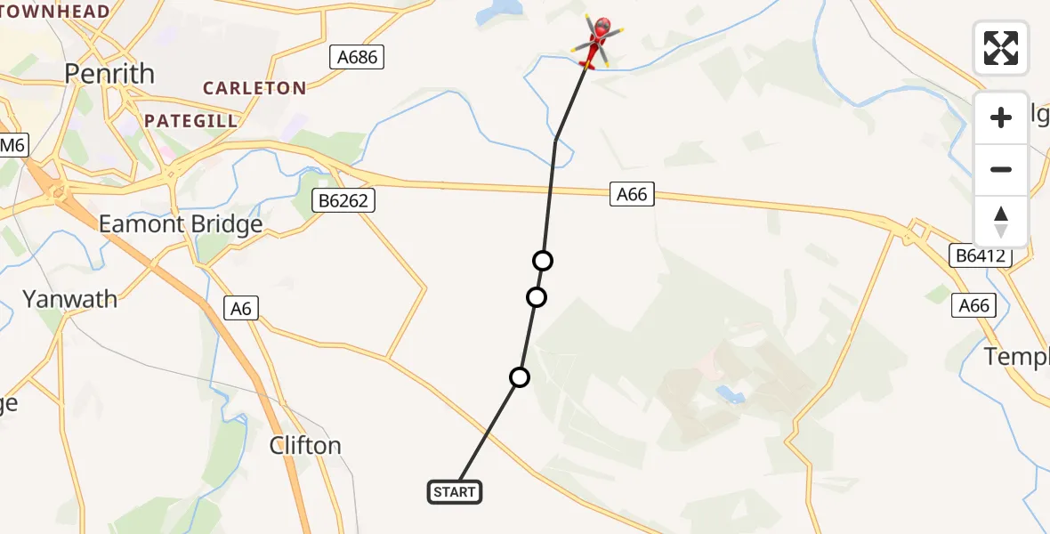 Flight route Air Ambulance Helicopter Melkinthorpe - Brougham, 22 July 2026, 12:41