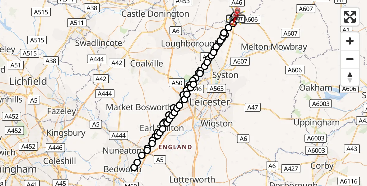 Flight route Air Ambulance Helicopter Rushcliffe - Widmerpool, 22 July 2026, 12:55