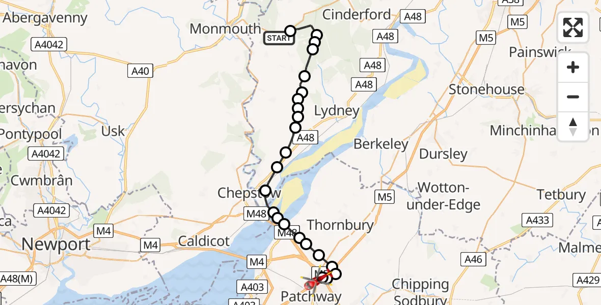 Flight route Air Ambulance Helicopter Christchurch - Almondsbury Helicopter Base, 22 July 2026, 13:01