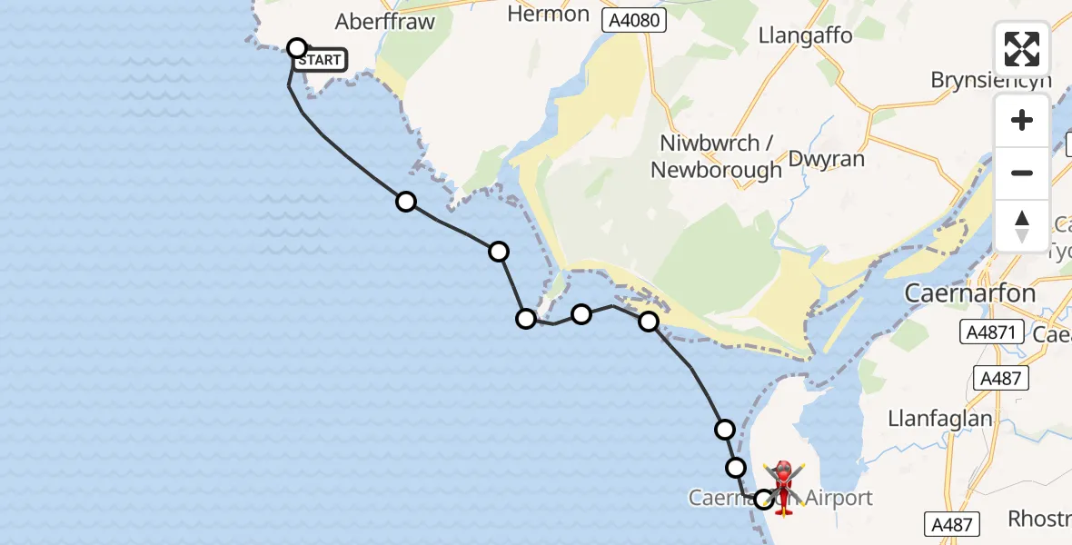Flight route Air Ambulance Helicopter Aberffraw - Caernarfon Airport, 22 July 2026, 13:07