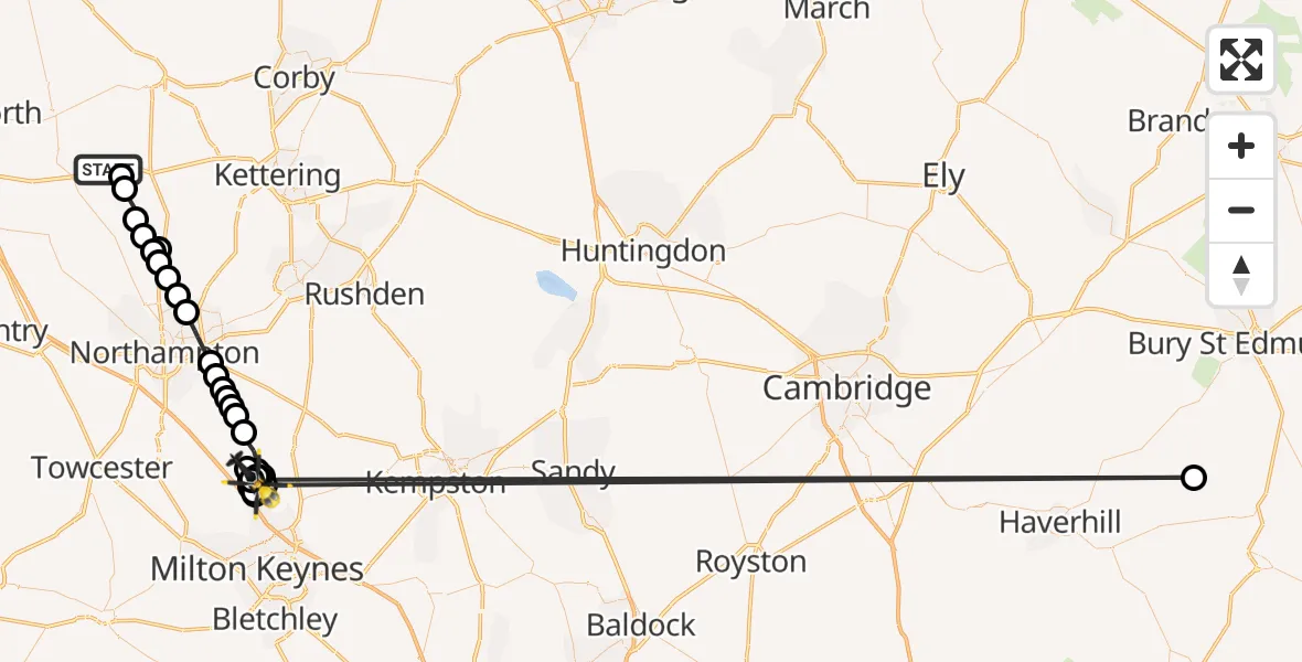 Flight route Police Helicopter Clipston - Stoke Goldington, 22 July 2026, 13:10