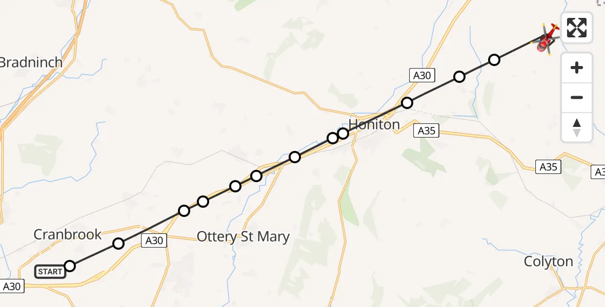 Flight route Air Ambulance Helicopter Exeter International Airport - Stockland, 22 July 2026, 13:11