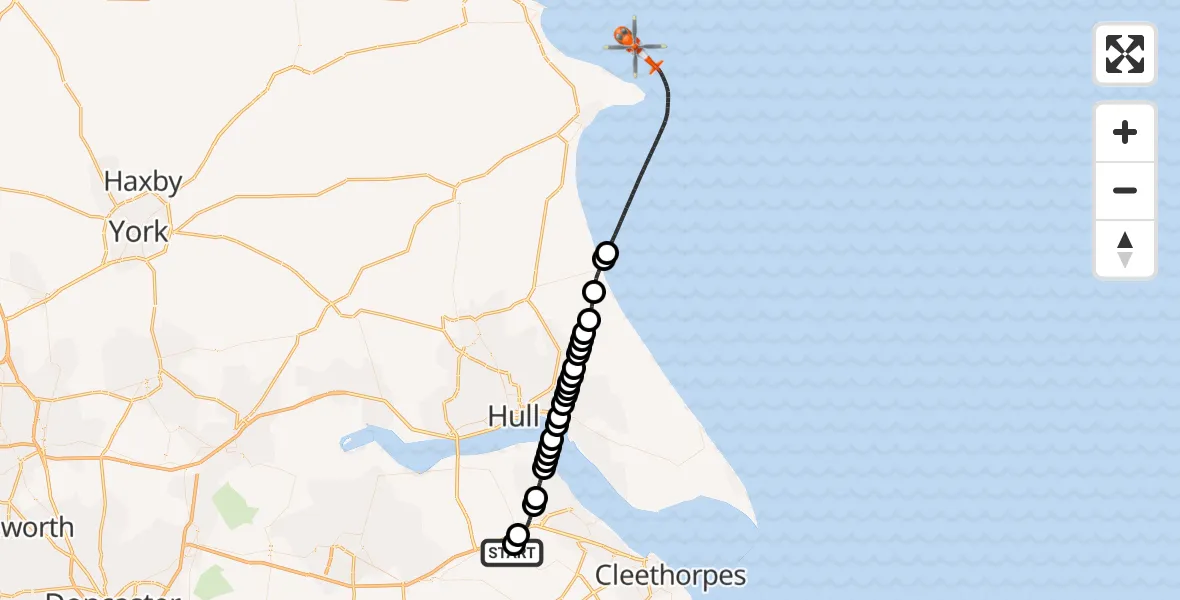 Flight route Coastguard Helicopter Humberside Airport - North Sea, 22 July 2026, 13:12