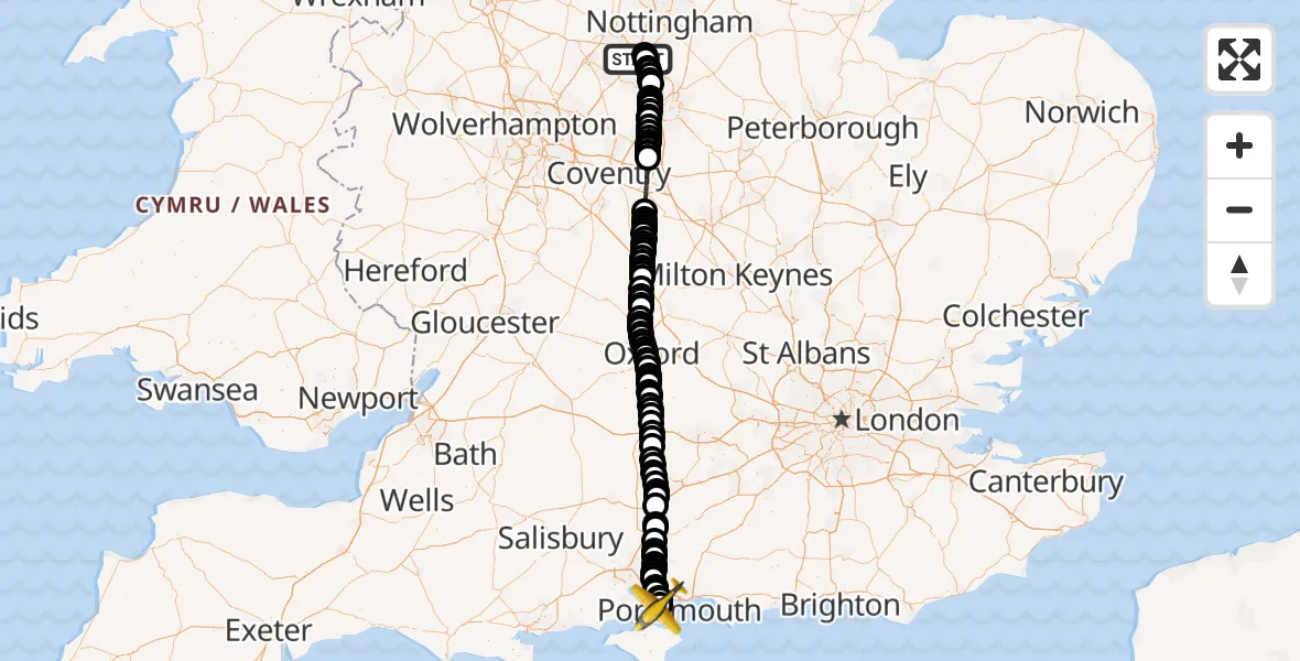 Flight route Police Aircraft East Midlands Airport - Solent Airport, 22 July 2026, 13:18