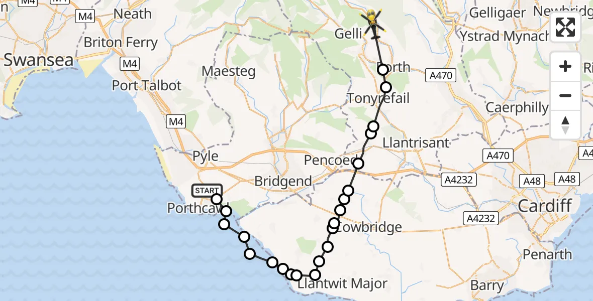 Flight route Police Helicopter Porthcawl - Penrhys, 22 July 2026, 13:21