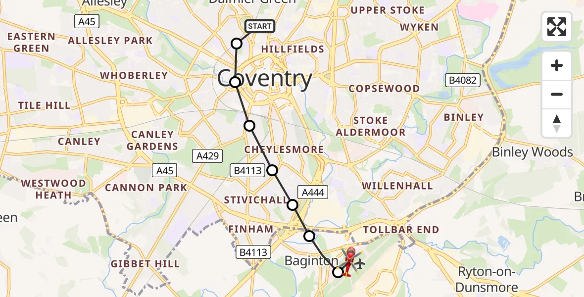Flight route Air Ambulance Helicopter Daimler Green - Coventry Airport, 22 July 2026, 13:22