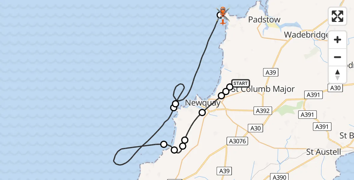 Flight route Coastguard Helicopter Cornwall Airport Newquay - Constantine Bay, 22 July 2026, 13:23