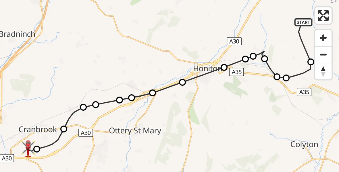 Flight route Air Ambulance Helicopter Stockland - Exeter International Airport, 22 July 2026, 13:27