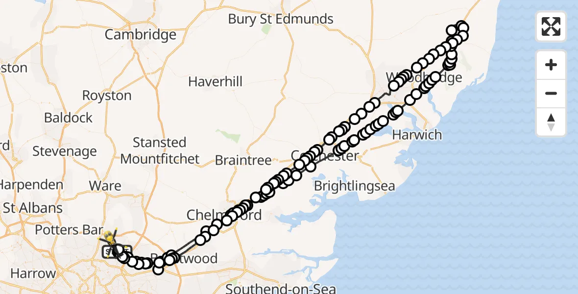 Flight route Police Helicopter Waltham Abbey - Sewardstonebury, 22 July 2026, 13:28
