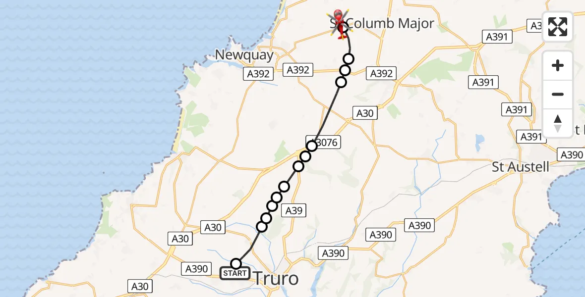 Flight route Air Ambulance Helicopter Treliske Hospital - Cornwall Airport Newquay, 22 July 2026, 13:29