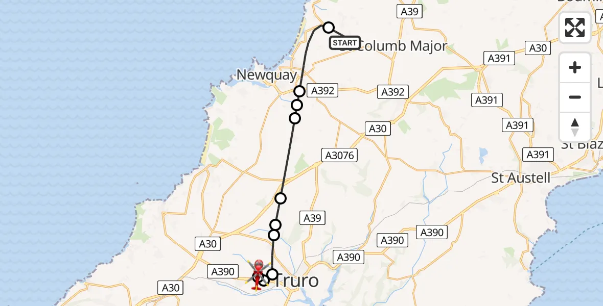 Flight route Air Ambulance Helicopter Cornwall Airport Newquay - Treliske Hospital, 22 July 2026, 13:31