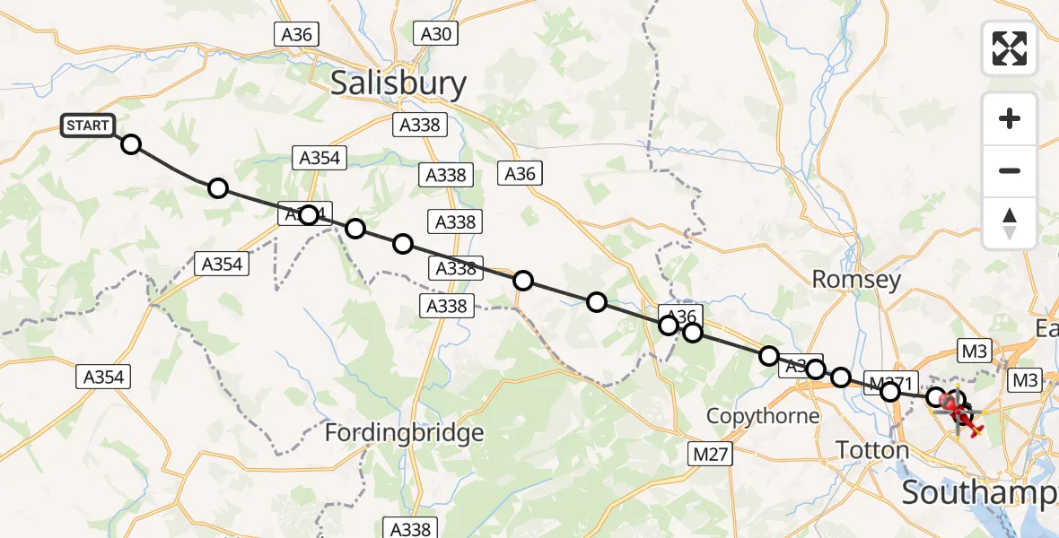 Flight route Air Ambulance Helicopter Fovant - University Hospital Southampton, 22 July 2026, 13:35