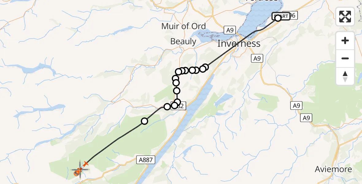 Flight route Coastguard Helicopter Inverness Airport - Highland, 22 July 2026, 13:43