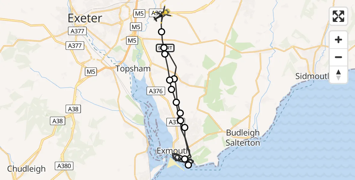 Flight route Police Helicopter Woodbury Salterton - Clyst Honiton, 22 July 2026, 13:47