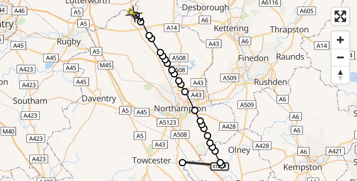 Flight route Police Helicopter Stoke Goldington - Harborough, 22 July 2026, 13:48