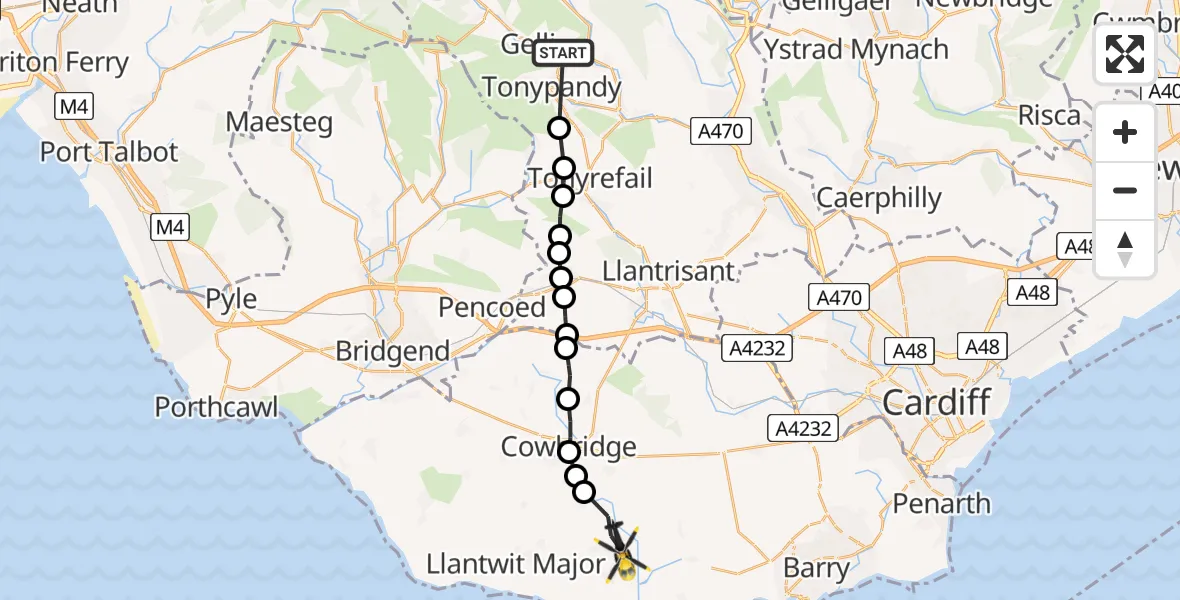 Flight route Police Helicopter Llwynypia - Flemingston, 22 July 2026, 13:48