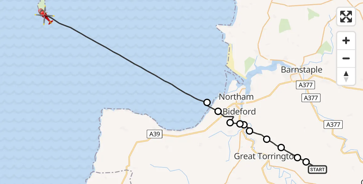 Flight route Air Ambulance Helicopter Roborough - Bristol Channel, 22 July 2026, 13:48