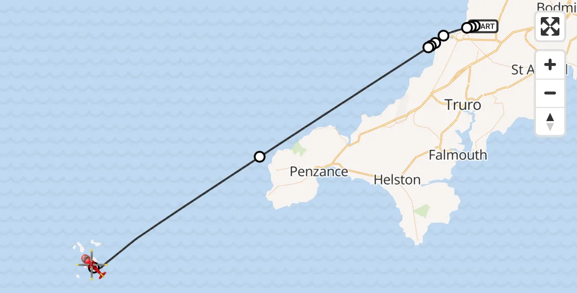 Flight route Air Ambulance Helicopter Cornwall Airport Newquay - St. Mary's Airport, 22 July 2026, 13:59