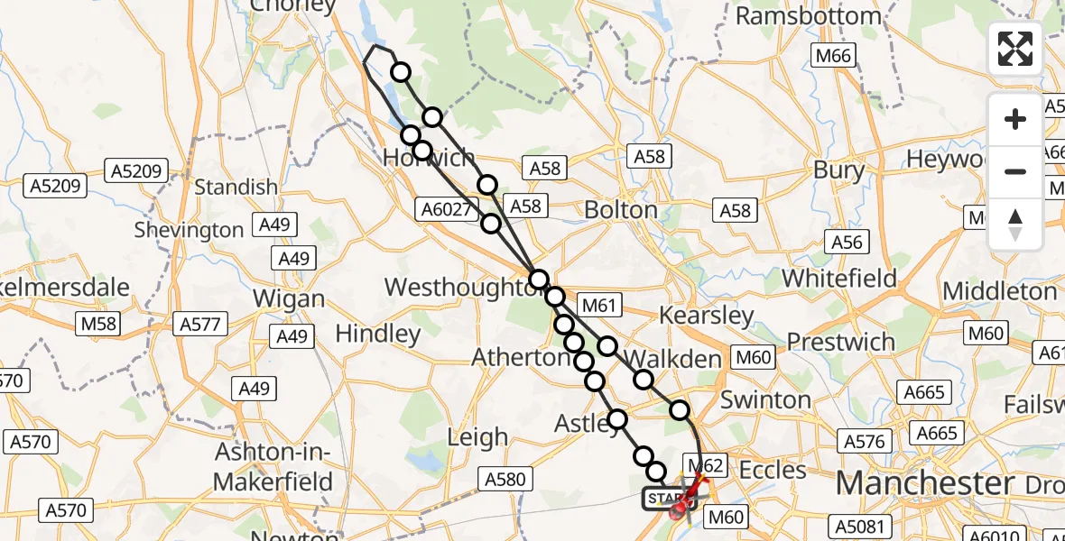 Flight route Air Ambulance Helicopter Manchester Barton Aerodrome - Irlam, 22 July 2026, 14:03